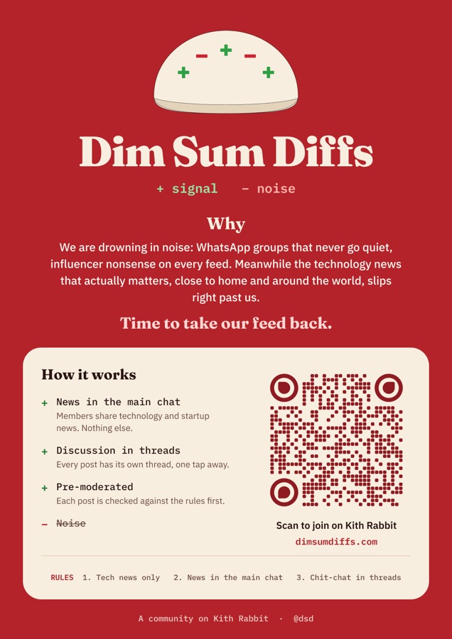 The Dim Sum Diffs A4 poster: the dumpling, why, how it works, and a QR code to join